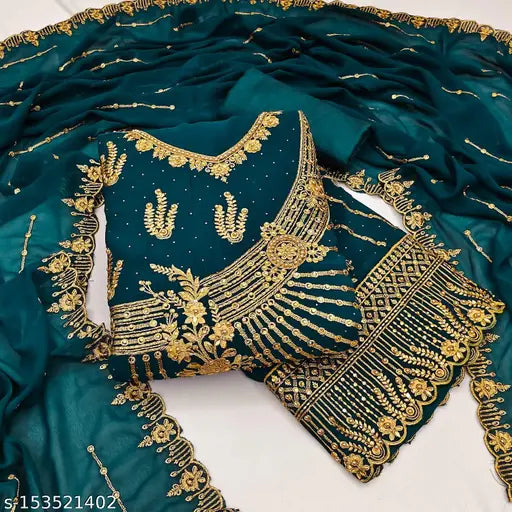 Women's Teal Micro Embroidered Georgette Suits & Dress Materials