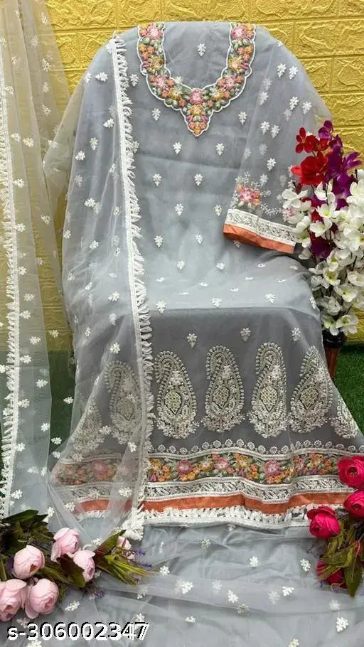 Elegant Grey Net Embroidered Suit kashmiri