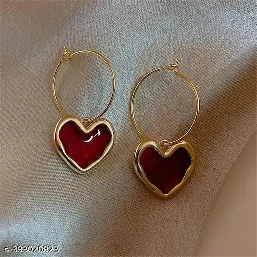 Korean Earrings Gold Plated Hoop & Shinny Red Heart for Women Girls Light Weight western Trendy Party Wear Stylish Latest Design Casual Fancy Party Office wear
