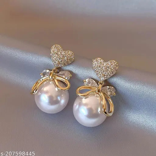 Earrings For Girls AD studded Heart Pearl Drop Earrings For Women Girls