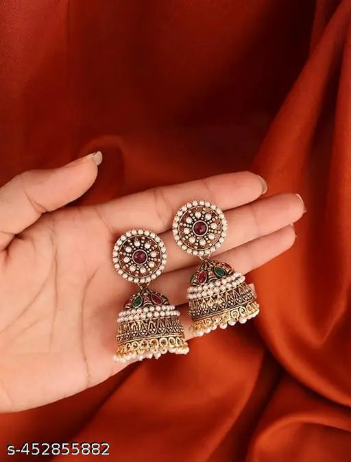 Traditional Jewellery Ethnic Fancy Pearl Studded Gold Platted Oxidised Jhumka Earrings for Girls and Women