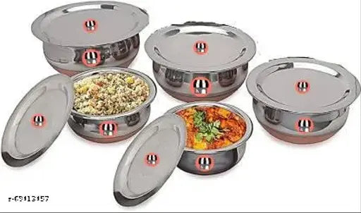 Dharma Stainless Steel Copper Bottom Handi Set of 5 Piece with lid Kitchen Serving, Cooking Bowl with Lid, Pot and Pen with Lid, Panjabi Handi Set with Lid