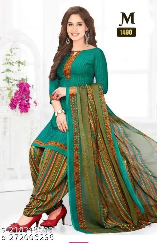 Women's Green Checked Crepe Suits & Dress Materials