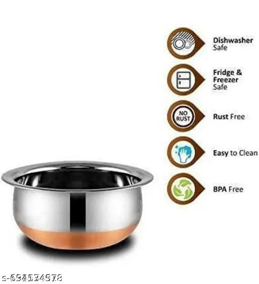 Dharma Stainless Steel Copper Bottom Handi Set of 5 Piece with lid Kitchen Serving, Cooking Bowl with Lid, Pot and Pen with Lid, Panjabi Handi Set with Lid