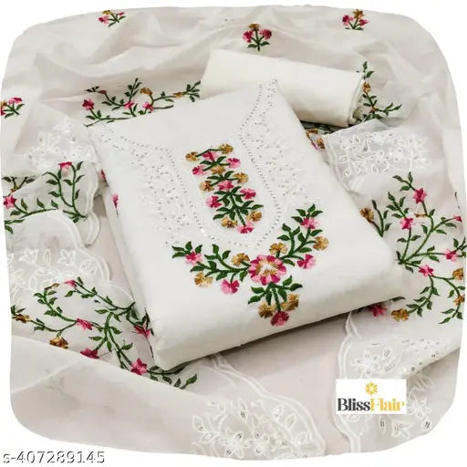 Bliss Flair Cream Chanderi Silk Embroidered Dress Material For Women With Heavy Neck And Lace (Unstitched) Dress material