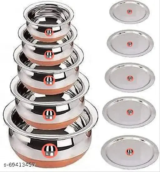 Dharma Stainless Steel Copper Bottom Handi Set of 5 Piece with lid Kitchen Serving, Cooking Bowl with Lid, Pot and Pen with Lid, Panjabi Handi Set with Lid