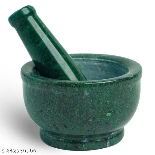 KENWARE Green Marble Granite Imam Dasta, Mortar and Pestle Set, Ohkli Musal, Kundi, Kharal or khalbatta or Mixer and Grinder Set for Kitchen (Green, 4x3 Inchs)